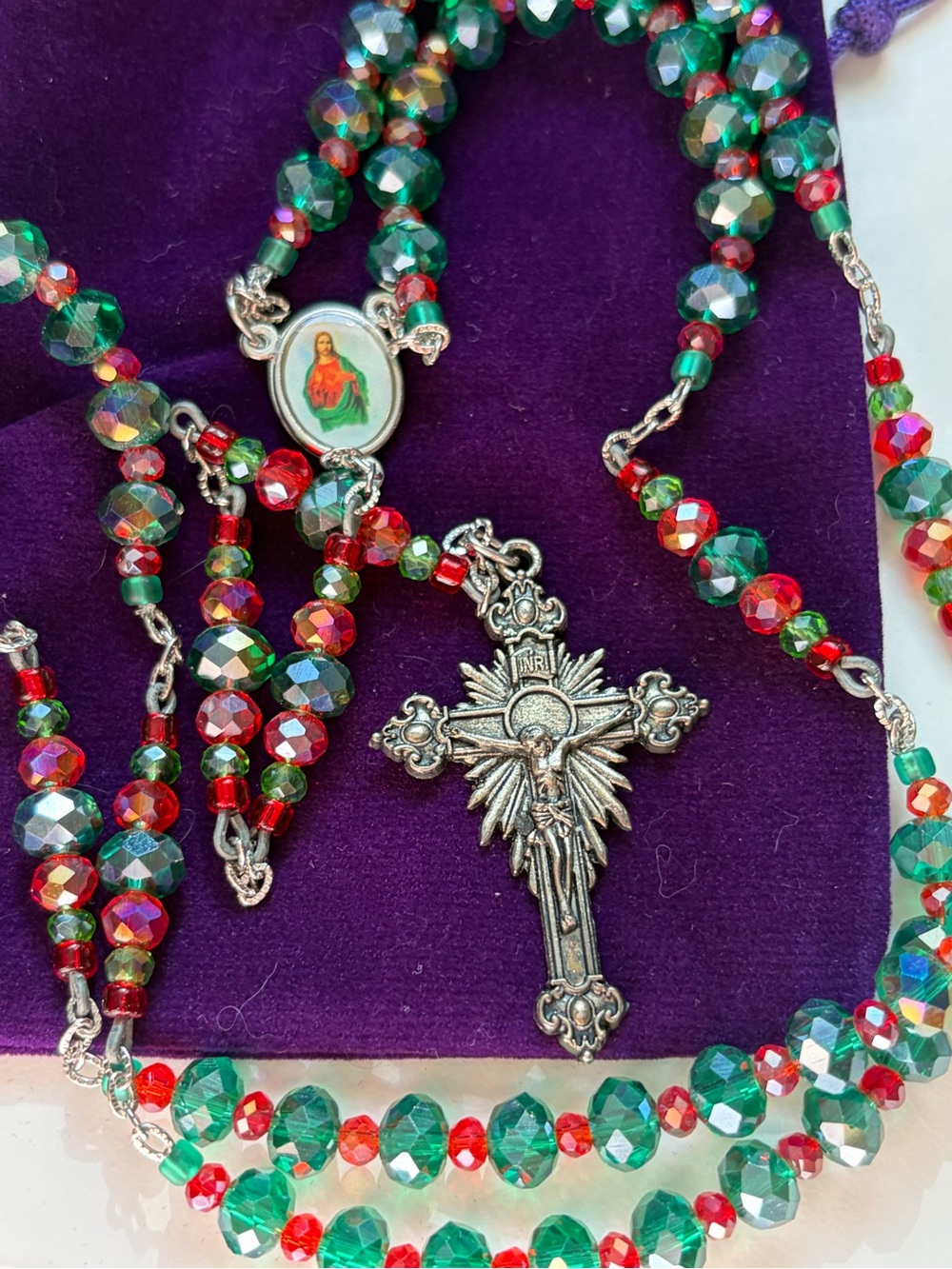 4/$100 Green and Red Crystal Rosary Necklace with Silver Crucifix